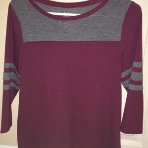 Burgundy Long Sleeve T-Shirt With Striped Sleeves